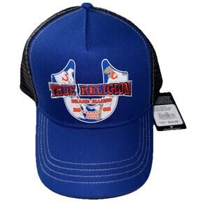 True Religion Trucker Hat Blue Black Mesh Snapback Logo Y2K Streetwear Cap NWT